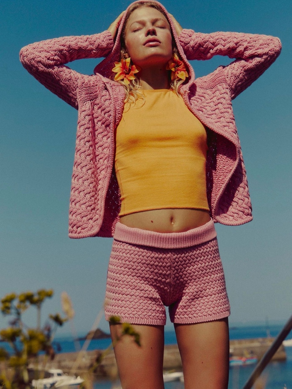 Free People Laguna Beach Pink Knit Hoodie & Shorts Set NWT